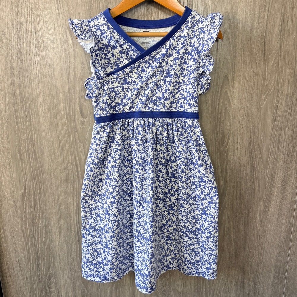 Tea Collection Dress Girls 7 Blue Floral Flutter Sleeve Cotton Faux Wrap Casual